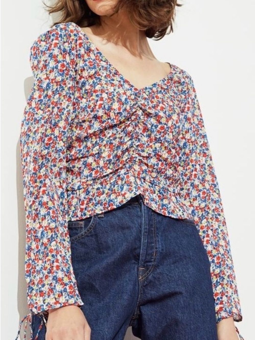 H&M|Red, Blue, Yellow Floral Ruched Lightweight Semi-sheer Long Sleeve Top Sz XS